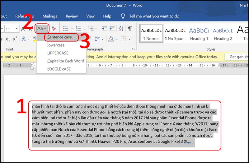 Điều chỉnh đoạn văn bản viết hoa sau dấu chấm